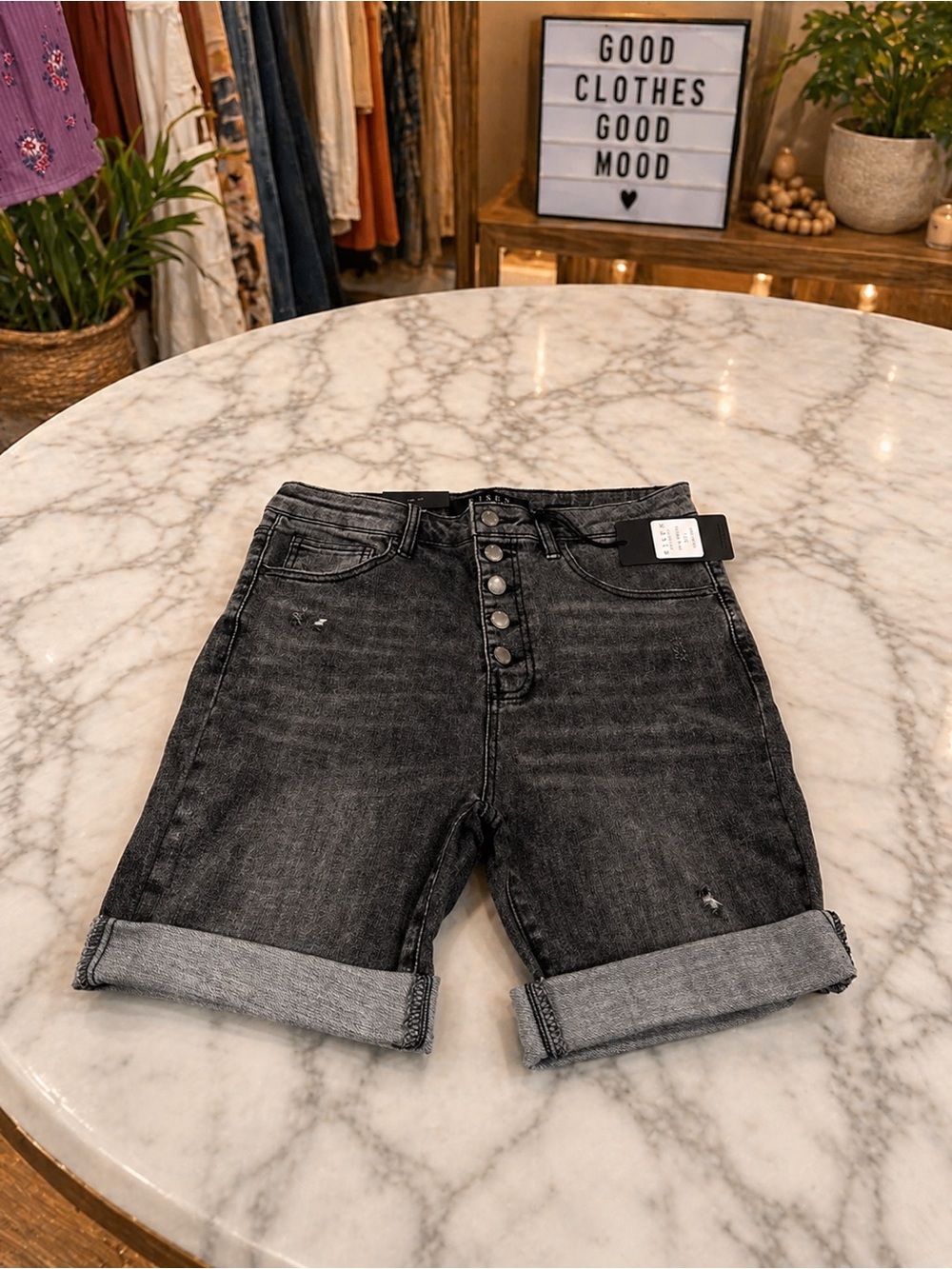 Risen Black Wash Bermuda Jean Shorts Large High Rise Button Fly Stretch Denim